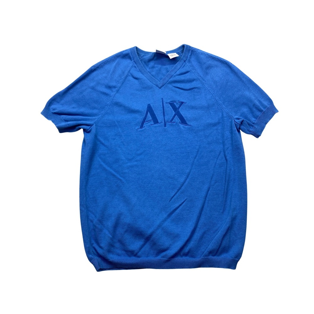 VTG Armani Exchange Mens Blue Cotton V-Neck Short Sleeve Knit Sweater Logo Sz M
